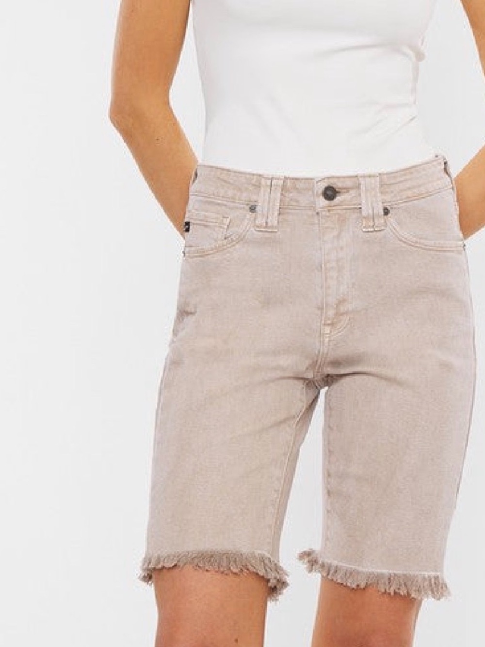 KanCan Beige High-Rise Frayed Hem Bermuda Shorts